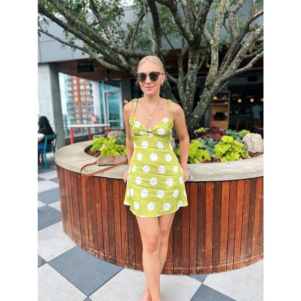 FOR LOVE AND LEMONS Green White Polka Dot Adira Mini Shift Dress Size Small